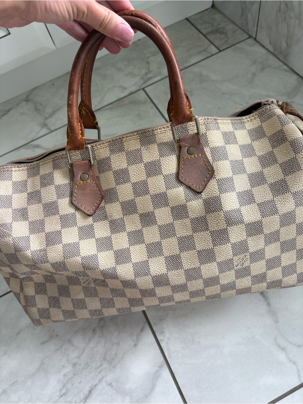 Beige Checkered Structured Satchel with Brown Leather Handles